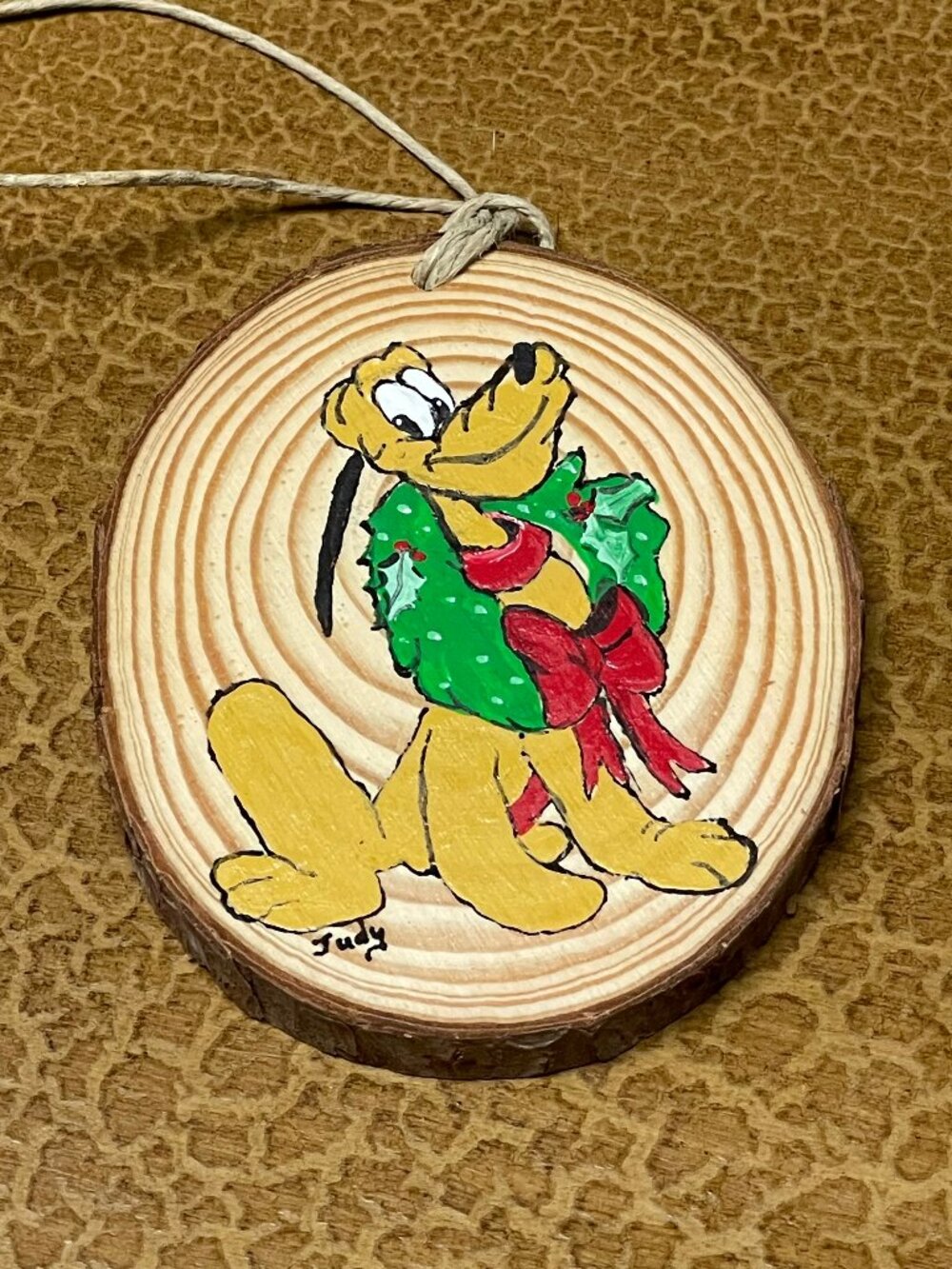 HANDPAINTED Pluto Christmas Ornament on wood slice - ~4" Height